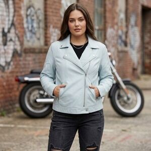Joe Boxer‎ Moto Biker Jacket Womens Large Blue Faux Leather Pastel Edgy Vegan